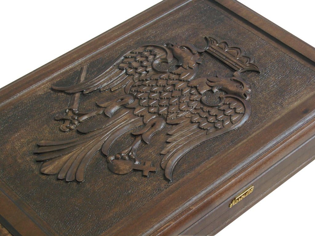 Hand-Carved Maple Backgammon Set with Racks - (Byzantine Eagle Cover) - 19" Wood Case
