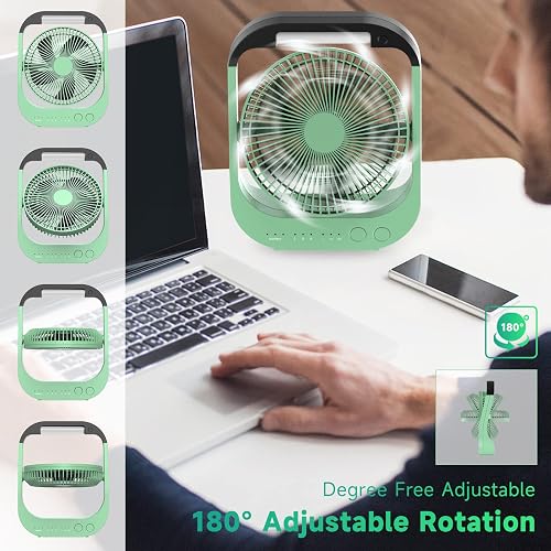 ATEngeus Ventilateur USB, 10000 mAh Rechargeable Batterie, 4 vitesses, Ventilateur de Camping 8", Pivotant à 180°, lumière LED, Minuterie, Ventilateur pour le camping, les voyages - 3