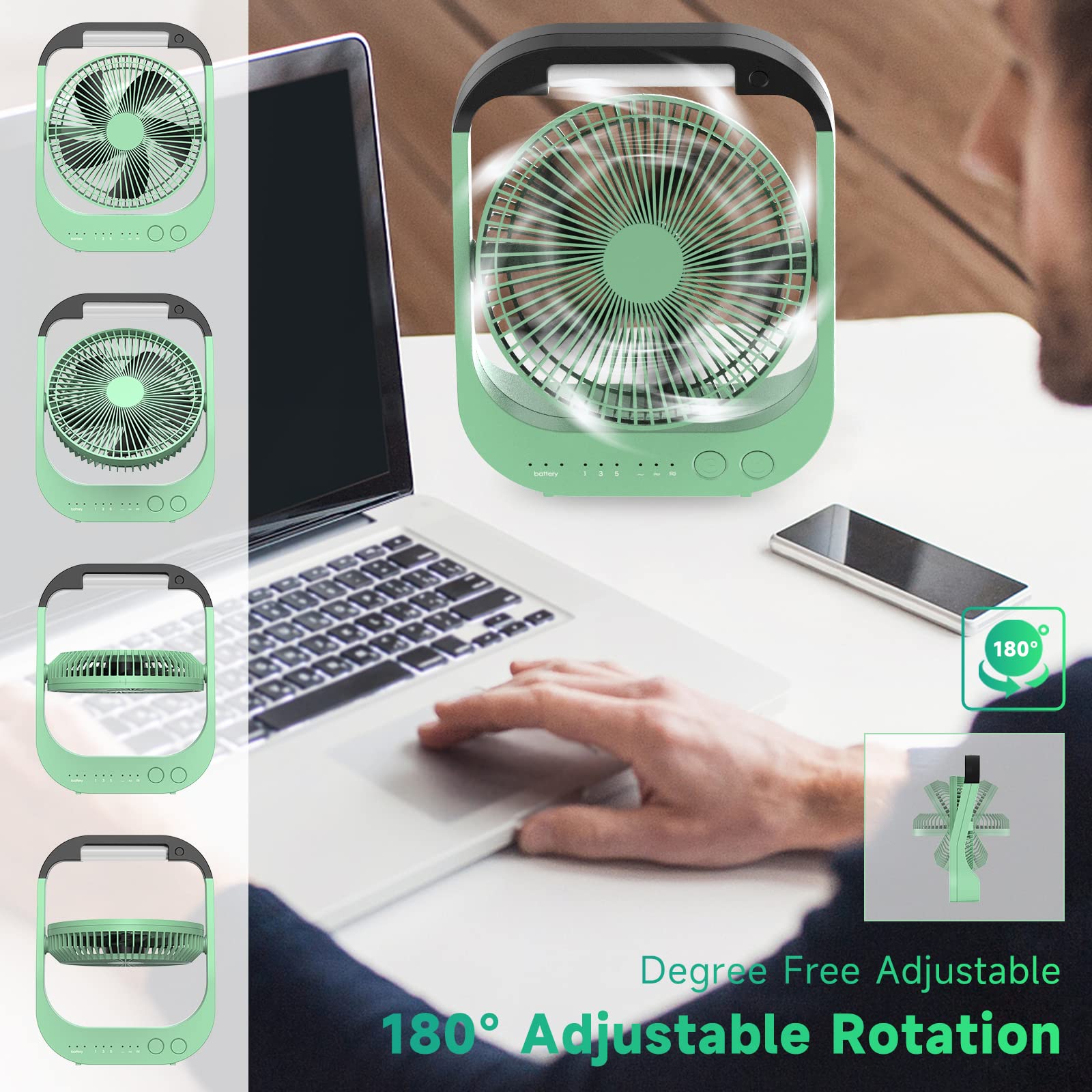 ATEngeus Ventilatore da campeggio, Ventilatore a Batteria Ricaricabile da 10000mAh, 4 Velocità, Ventilatore USB da 8", Rotazione di 180°, Luce LED, Timer, Ventilatore Portatile per Campeggio, Viaggi