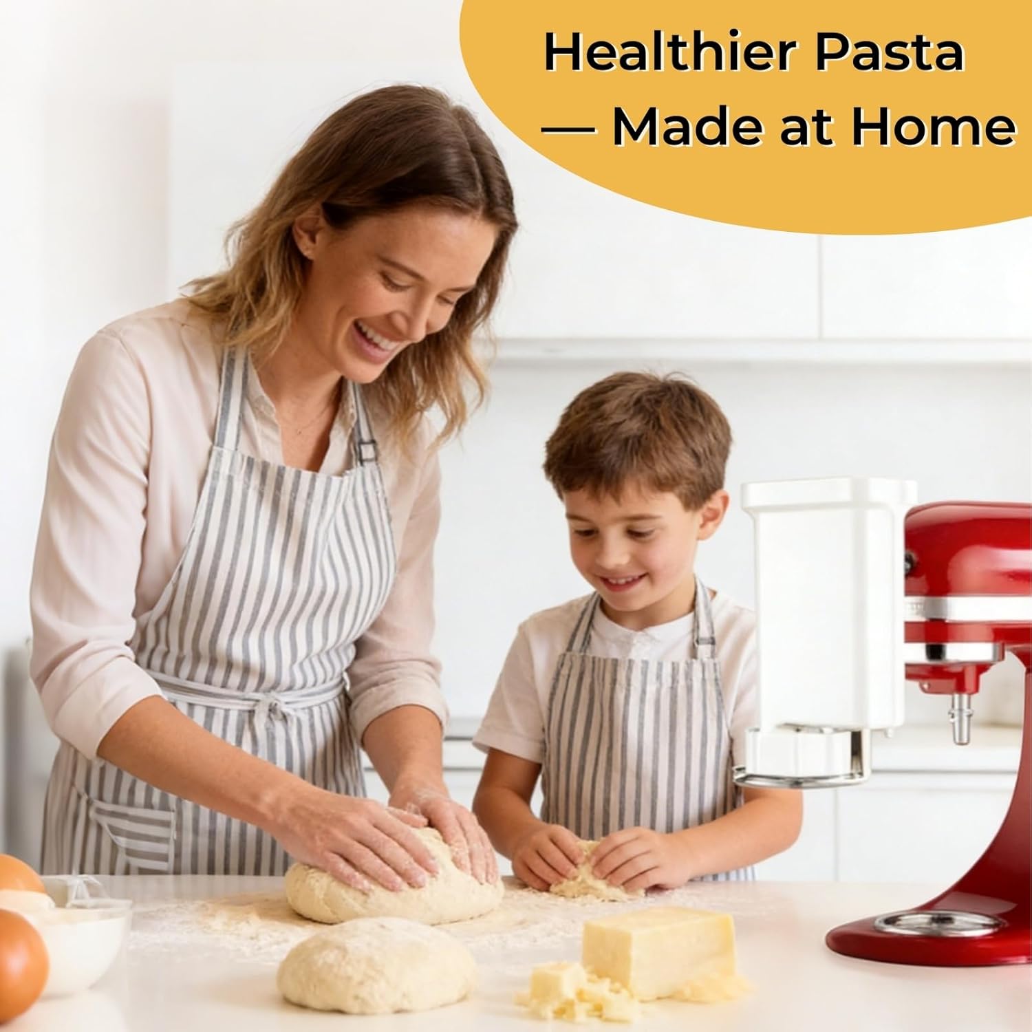 5-in-1 Durable Pasta Press Attachment Compatible with KitchenAid Stand Mixer, Pasta Extruder with 5 Interchangeable Plates and Brush | Makes Spaghetti, Bucatini, Fusilli, and Macaroni