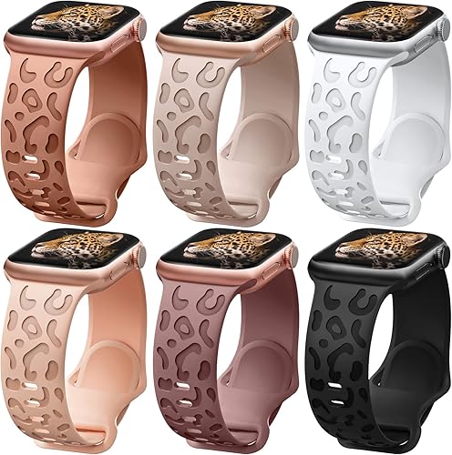 Paquete de 6 correas grabadas de leopardo compatibles con Apple Watch de 1.496 pulgadas, 1.575 pulgadas, 1.654 pulgadas, 1.732 pulgadas, pulseras de
