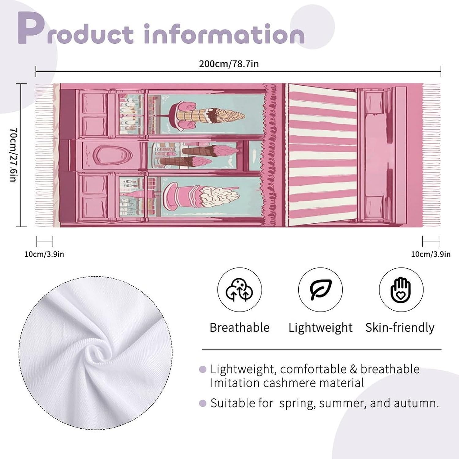 Ice Cream Store Pink Scarf for Women Men Soft Warm Fashion Blanket Scarves Classic Cashmere Feel Scarf Long Shawl Large Scarves Cold Weather Thick Blanket Scarfs