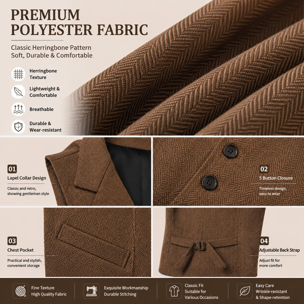 Generico Gilet Da Uomo In Tweed, Vintage, Con Revers, 5 Bottoni, Tasca, Classico, Casual, A Spina Di Pesce, Ideale Per Matrimoni, Feste E Oktoberfest.