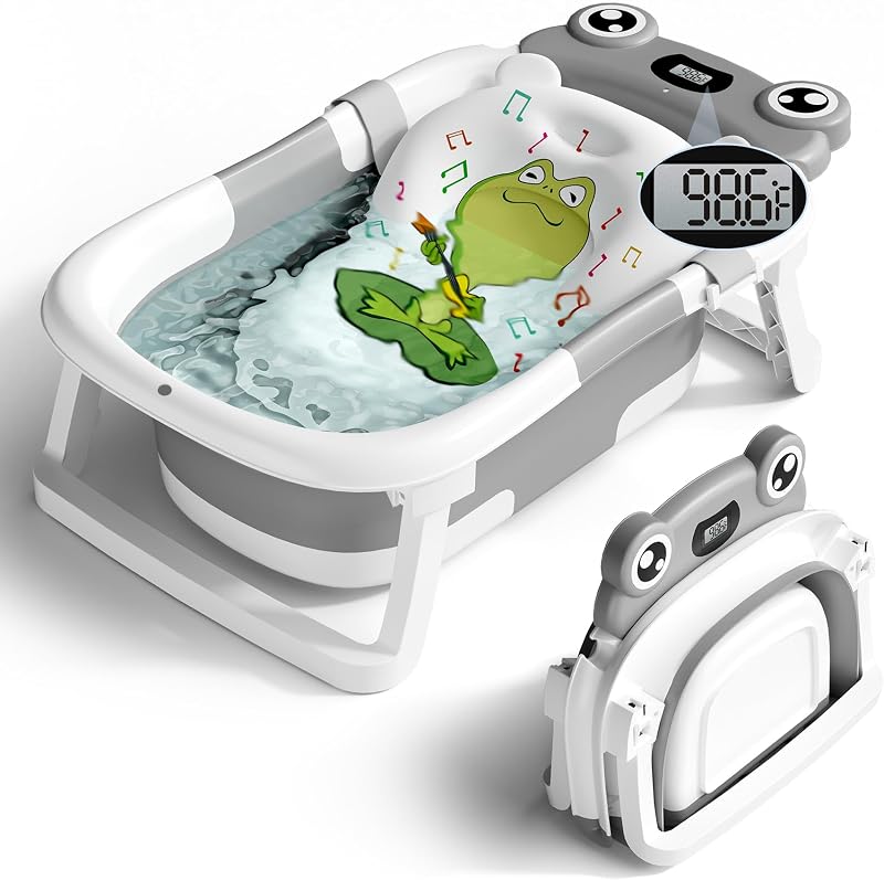 Baby Bathtub, Collapsible Newborn Bathtub for Infant to Toddler with Soft Cushion and Thermometer,Portable Travel Newborn Tub with No-Slip Feet, Baby Shower Gifts, 0-12 Months Baby Bath, Grey