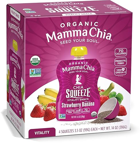 Mamma Chia Organic Vitality Squeeze Snack, fresa y banano, 24 bolsas de chía de 3.05 onzas. USDA Orgánico, sin OMG, vegano, sin gluten y Kosher.