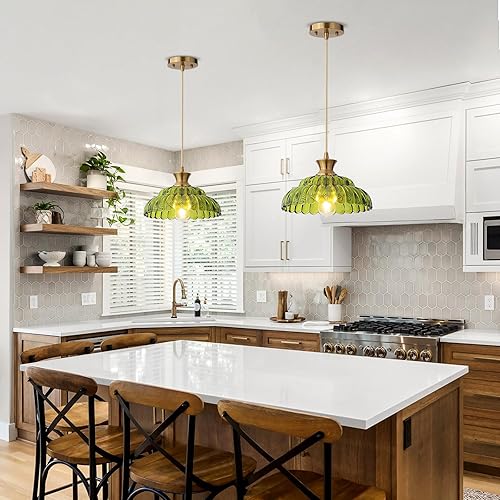 Miniatura 6 de Luces colgantes de vidrio verde, 11.8 pulgadas, iluminación vintage, lámparas de vidrio dorado cepillado, lámpara de techo colgante para cocina,