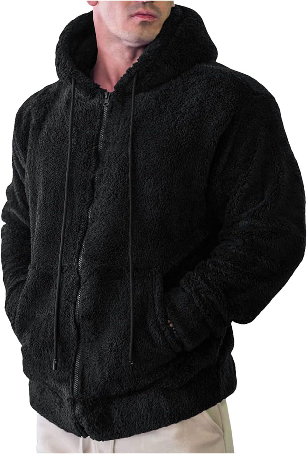 HULKAY Mens Fuzzy Sherpa Hoodies Fluffy Fleece Thermal Zip Up Open Front Cardigan Casual Winter Coat Outwear with Pocket