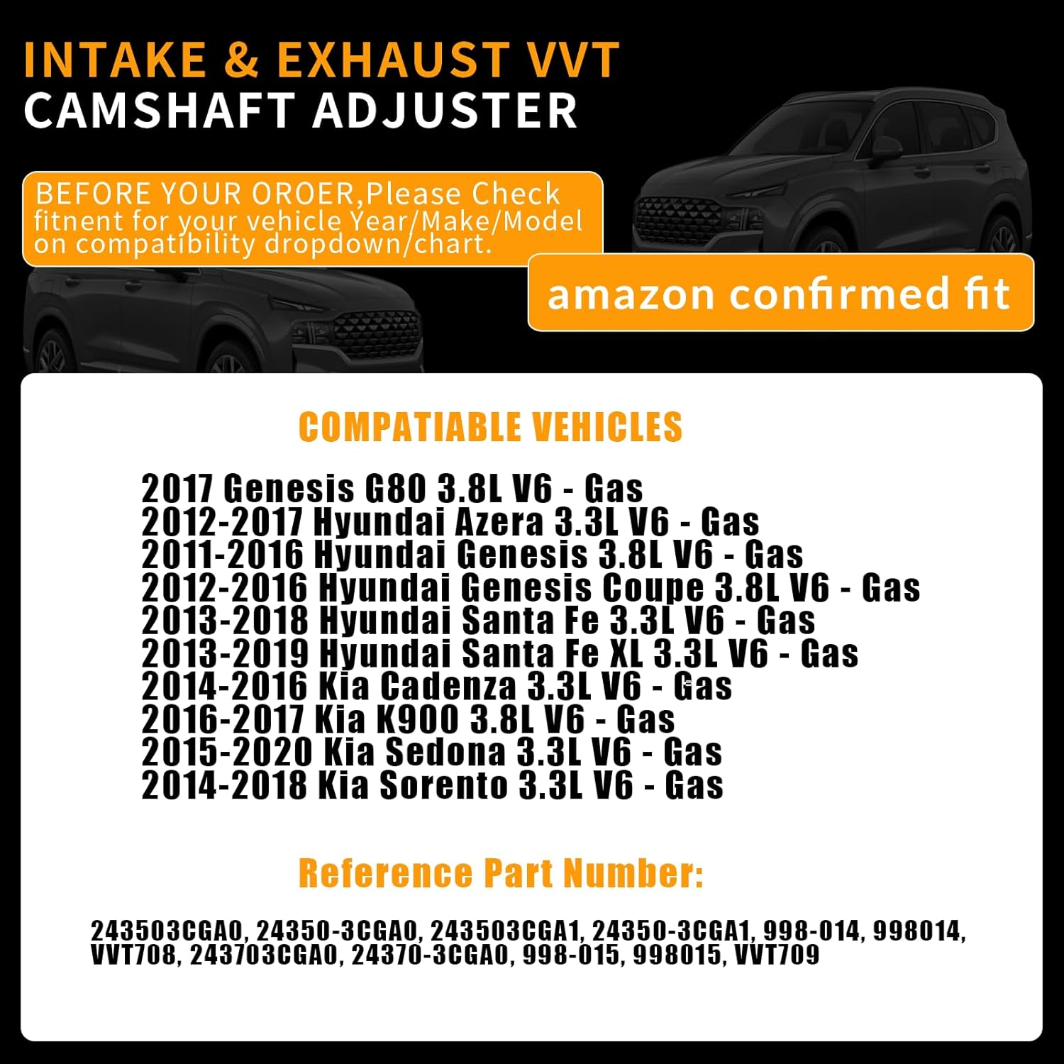Intake & Exhaust Camshaft VVT Sprocket Compatible with Hyundai Azera Genesis Santa Fe, for Kia Cadenza K900 Sedona Sorento 3.3L 3.8L 2011-2020 Replaces 243703CGA0 24350-3CGA0