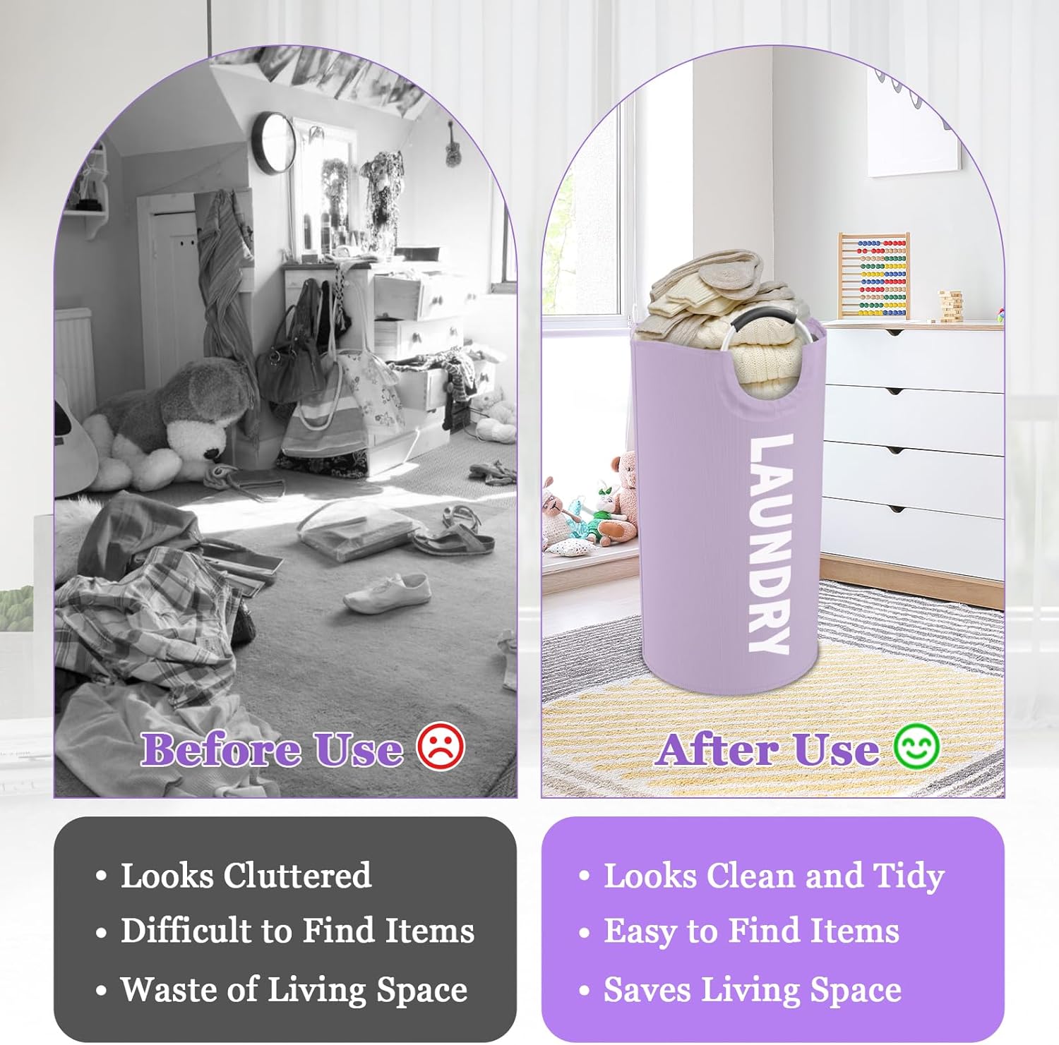 95L Folding Laundry Basket, Large Laundry Hamper with Handles, Portable Dirty Clothes Hamper, Independent Storgae Basket for Bathroom, Living Room, Dorm, Purple - Image 4