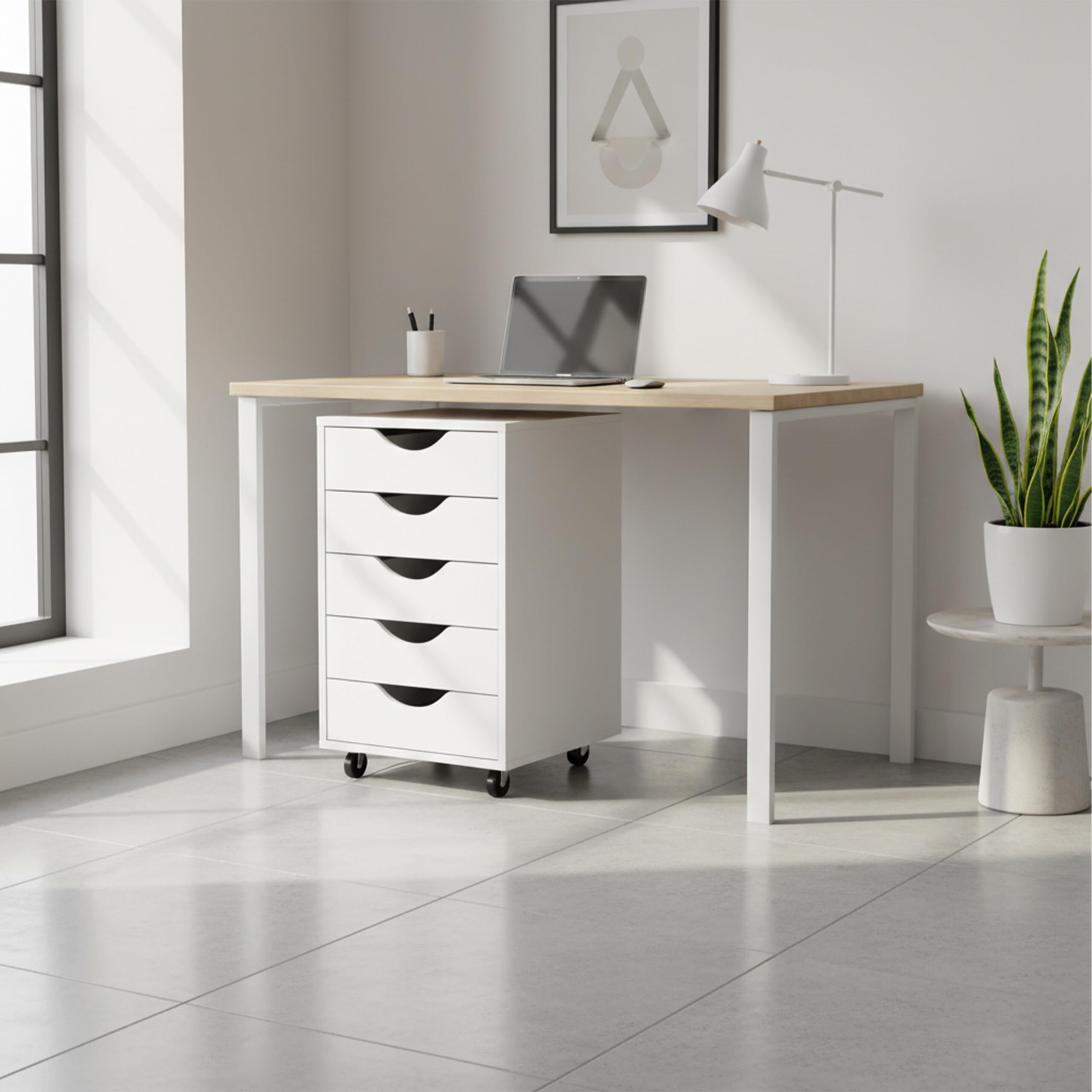 Relaxdays Cajonera con Ruedas 5 cajones, archivador para Escritorio, Blanco, 66,5x40x40 cm