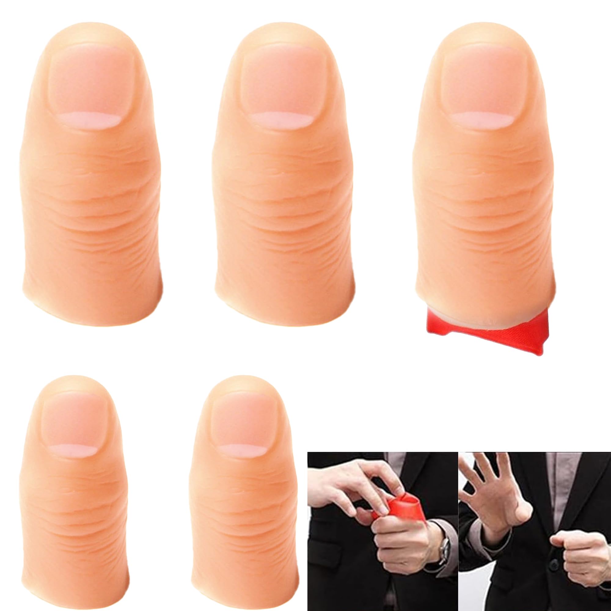 Ousuwo 6-Piece Magic Trick Set: 2 Small & 3 Large Soft Thumb Tips with Nails + 15x15cm Silk Scarf, Perfect for Vanishing, Appearing & Exchange Magic, Ideal for Parties, Stag Do & Street Performances