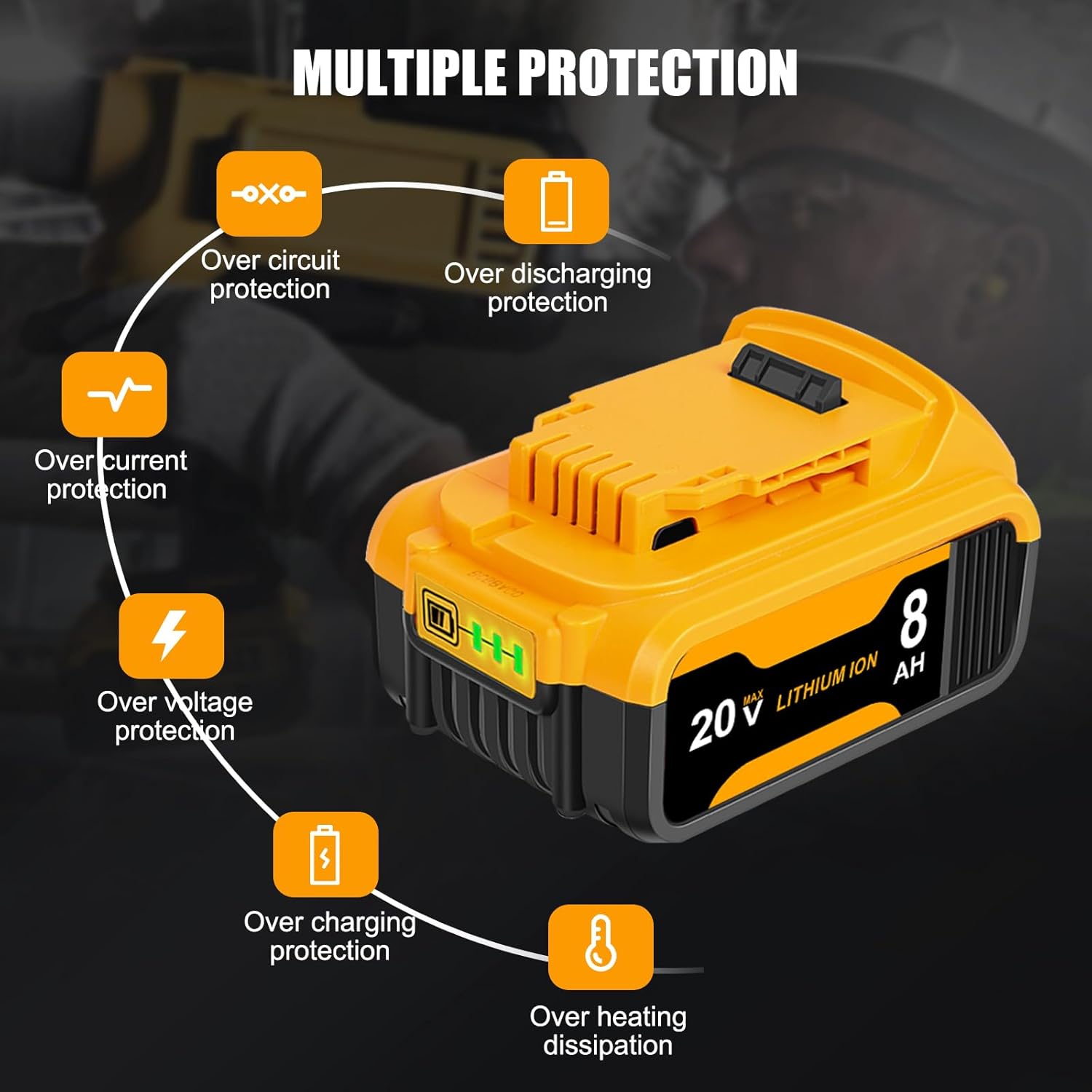 4 Packs 8.0Ah Battery Replacement for Dewalt 20V Max Battery, Compatible with DCB206 DCB200 DCB201 DCB204