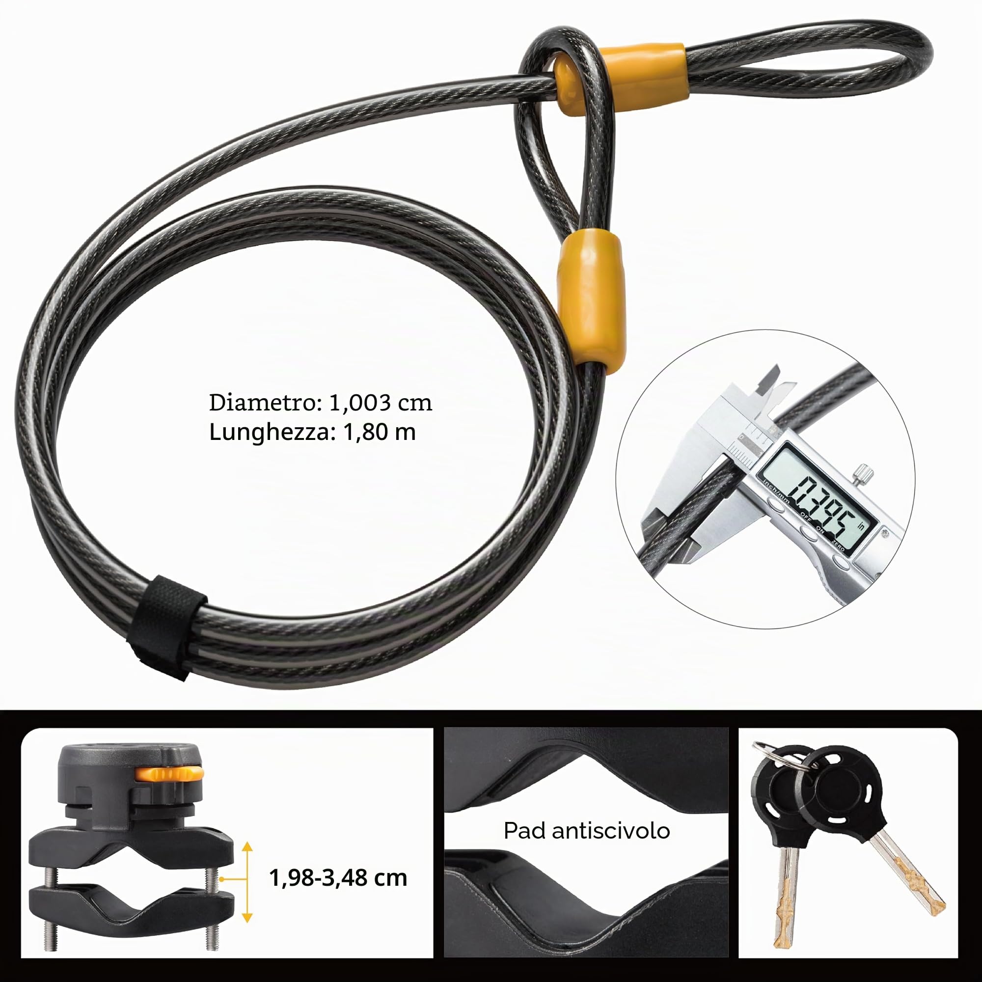 Via Velo Lucchetto per Bici a U Ansa di 14 mm e Cavo di 10 mm / 1,8 m con Supporto di Montaggi