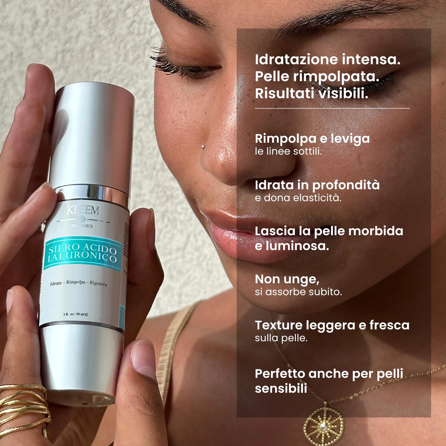 Kleem Siero Acido Ialuronico Viso Idratante e Rimpolpante con Acido Ialuronico all’1.8% – Siero Viso Antirughe ad Alta Efficacia per una Pelle più Elastica - Bio & Vegano - Idratazione 24H