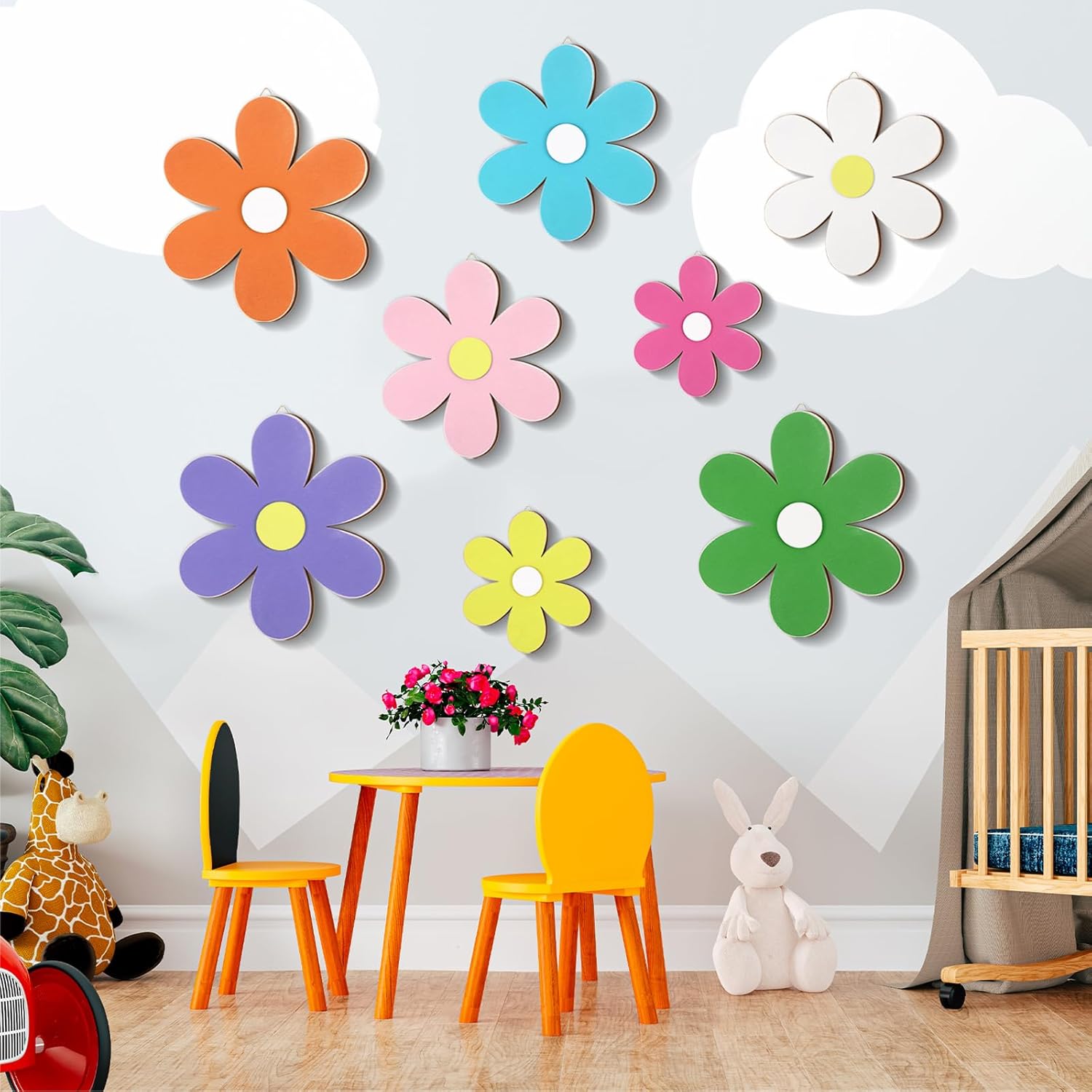 Karenhi 8 Pcs Spring Daisy Wall Decor Wooden Daisy Wall Art Colorful Flowers Hanging Signs for Home Nursery Bedroom Summer Farmhouse Bathroom Plaque Decorations Housewarming Gifts