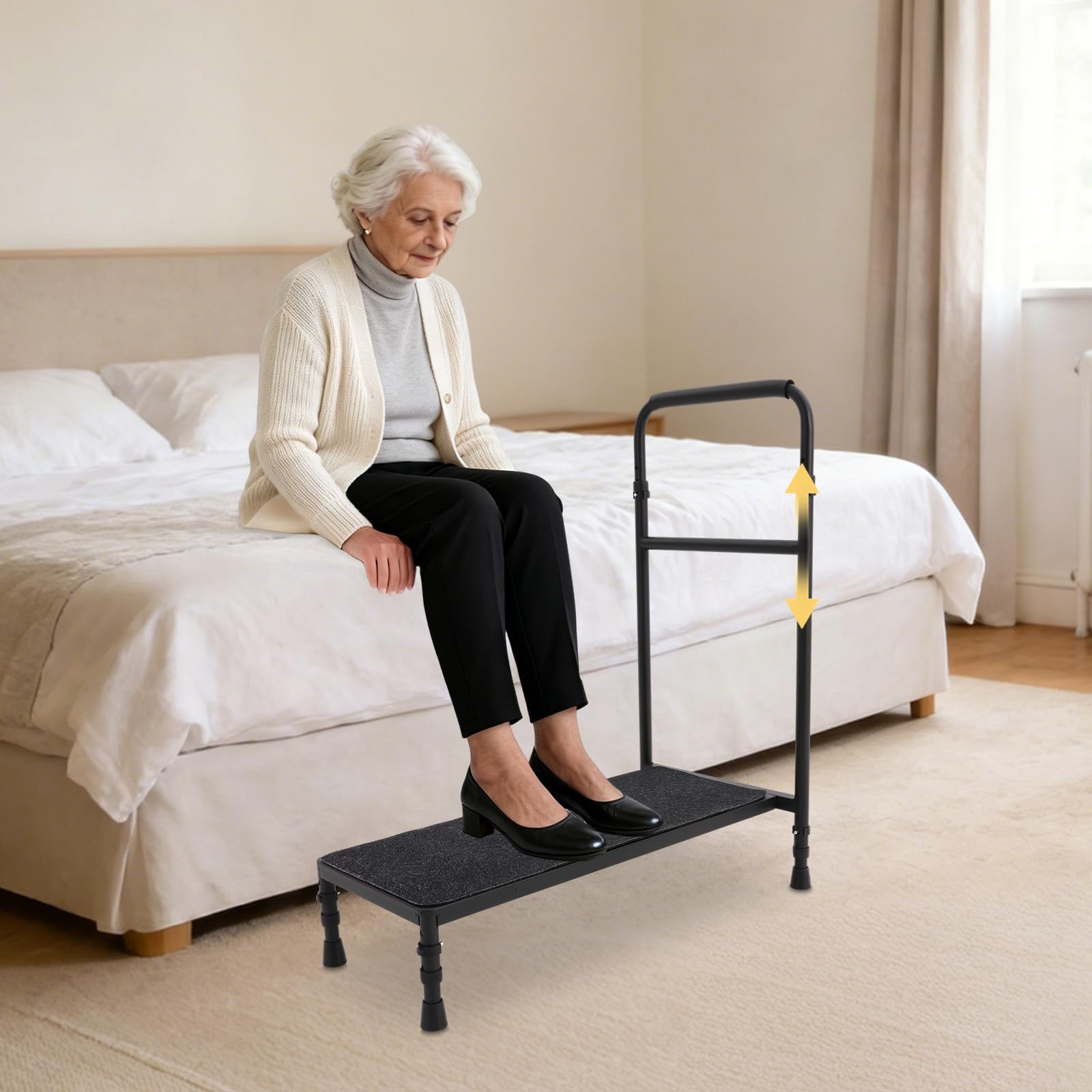Scalino mobile di sicurezza per anziani, antiscivolo, 1 gradino, con corrimano regolabile, portata fino a 150 kg, ideale per vasca da bagno, letto e veicolo (nero)