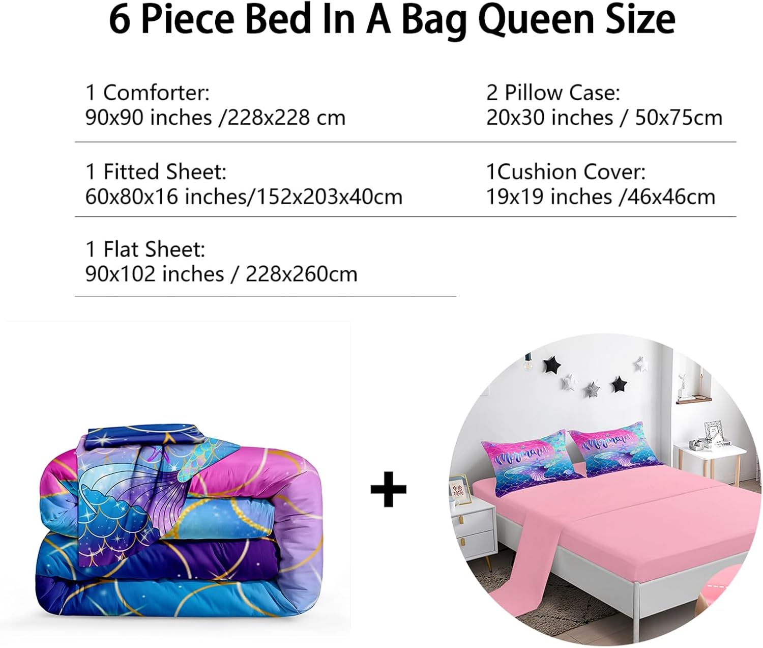 ROWADALO 6 Pieces Mermaid Scale Glitter Comforter Set Fish Scale Shell Starfish Girls Bedding Set,Gradient Blue Pink Purple Mermaid Tail Bed In A Bag Queen Size Complete Set for Girls Bedroom,MRY501-Q