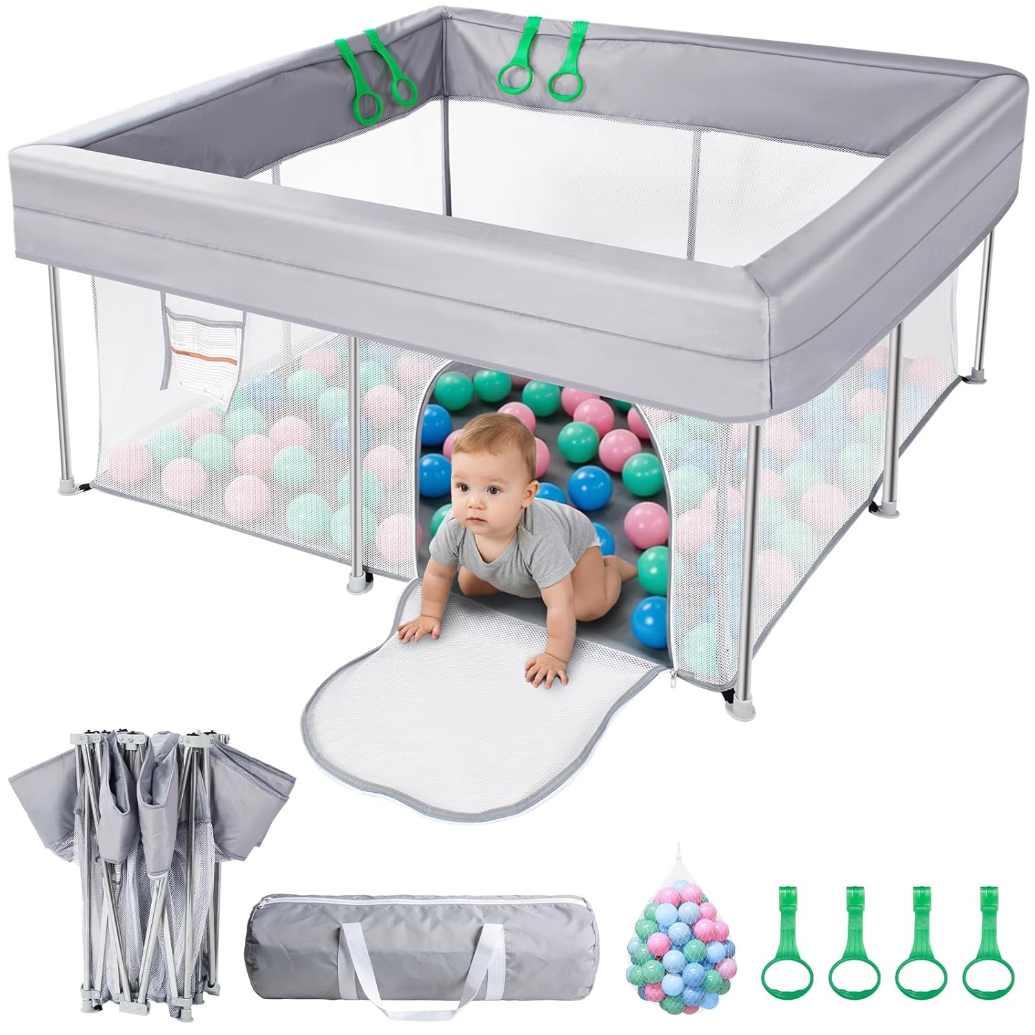 Foldable Baby Playpen, 50"×50" Collapsible Play Yard for Babies and Toddlers, No Assembly Required, Kids Safety Play Area with 4 Handles, 50 Balls and Visible Mesh, Grey