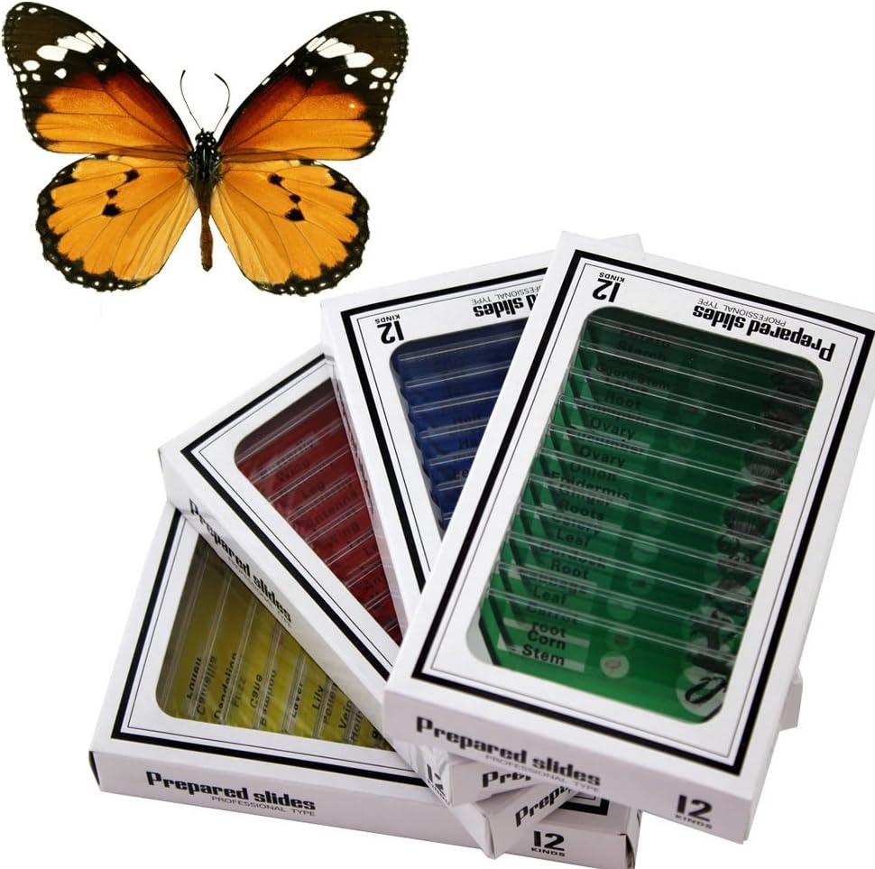 48 Plastic Prepared Microscope Slides Kit Bonus Butterfly Specimen for Kids Student Science STEM Education