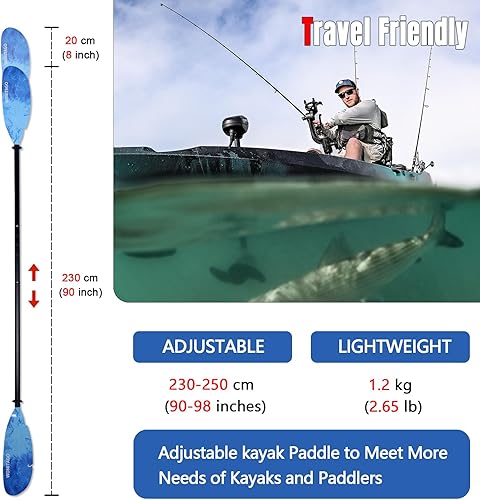 Miniatura 4 de Ramos de kayak de pescador de aluminio con cuchillas de plástico y correa de remo, remos de kayak de pesca ajustables flotantes, 3 piezas, 90.6-98.4