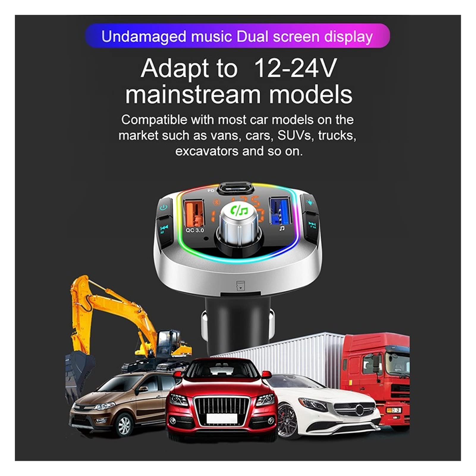 Adattatore Audio Bluetooth. Bluetooth 5.0 Kit for Auto Vivavoce Wireless FM. Trasmettitore Auto MP3. Giocatore con PD18W QC3.0. Caricabatterie for Auto a Carica Rapida