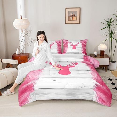 Miniatura 9 de Lindo juego de edredón de ciervo, edredón de piel de vaca para niños y adolescentes, juego de ropa de cama de grano de madera de vaquero rosa,