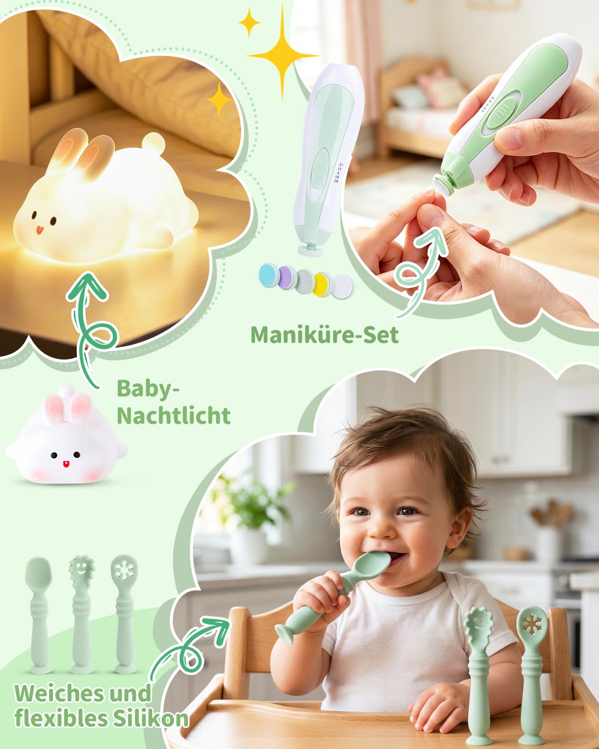 Geschenk zur Geburt, Neugeborenen Geschenk für Jungen & Mädel, Grün | Mit Babydecke, Baby-Nagelfeile, Beikost-Zubehör und Schnuffeltuch.