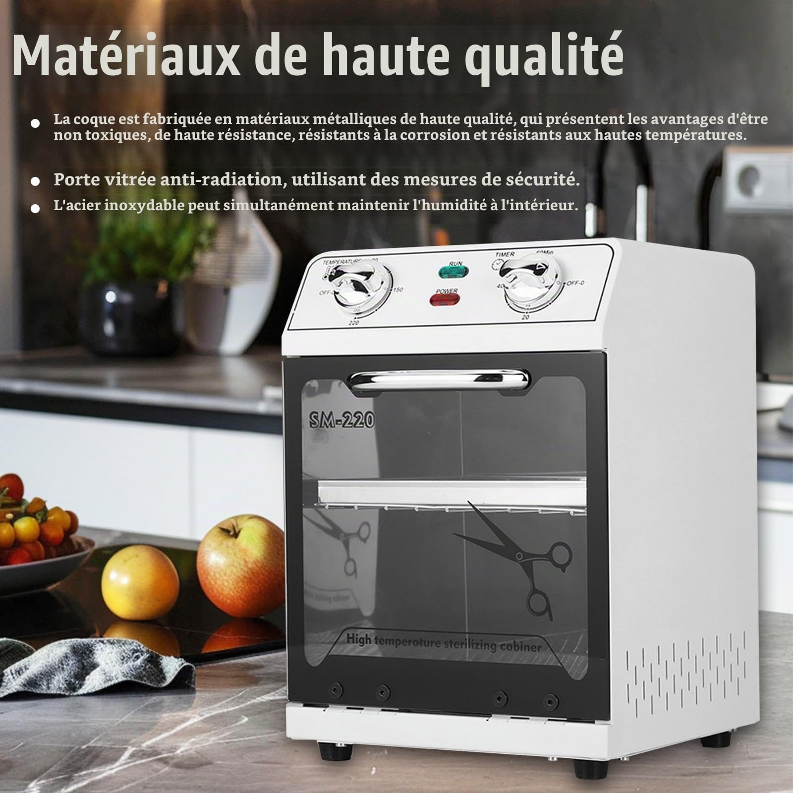 Désinfection par Stérilisateur à Air Chaud, 600W 8L 220℃ Stérilisateur à Chaleur Sèche Stérilisateur à Haute Température Stérilisateur à Ongles avec Minuterie et Voyant Lumineux pour Salon Coiffure