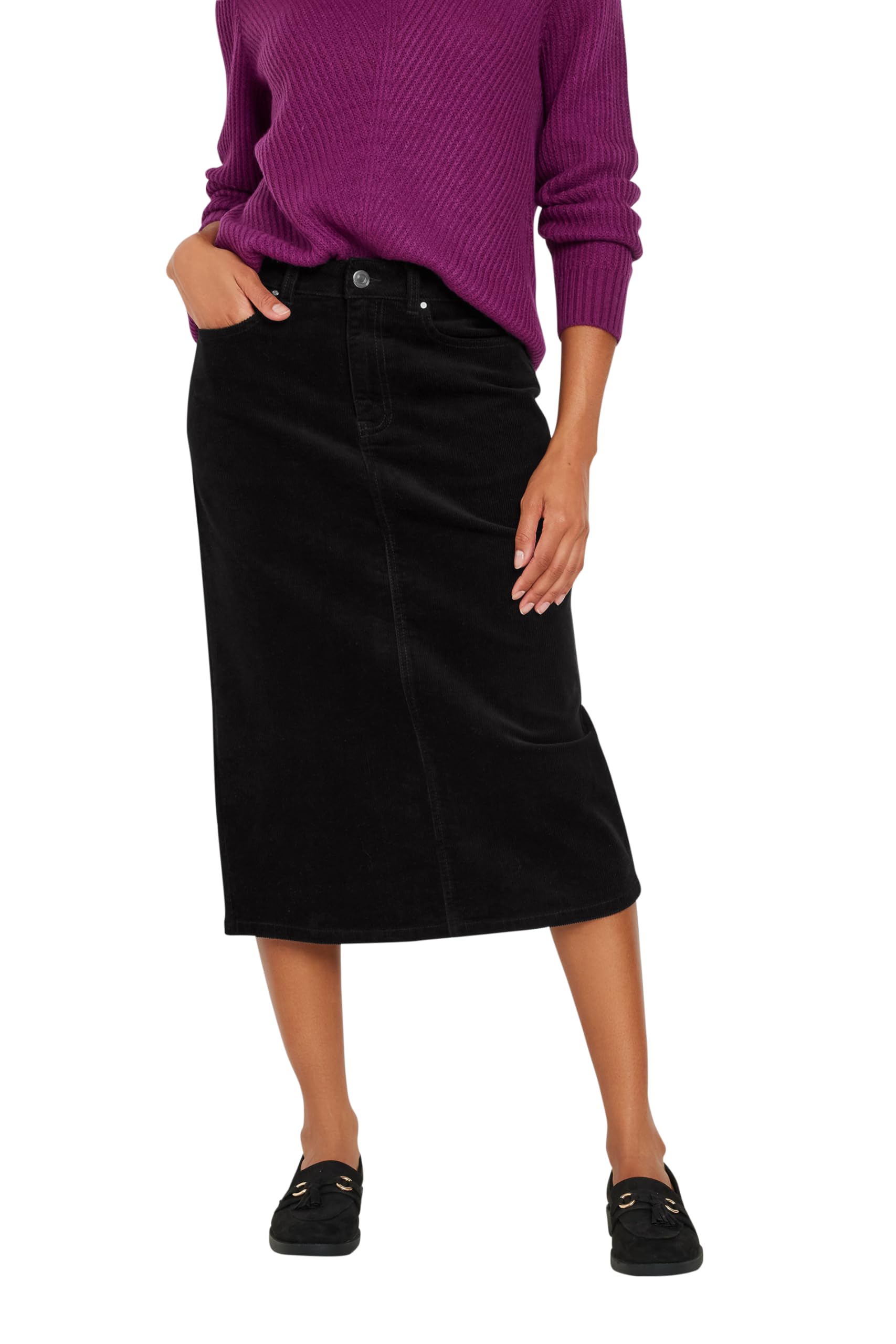 M&Co Black Cord Midi Skirt - Cotton Blend - Zip & Button Fastening - Belt Loops - Size 16