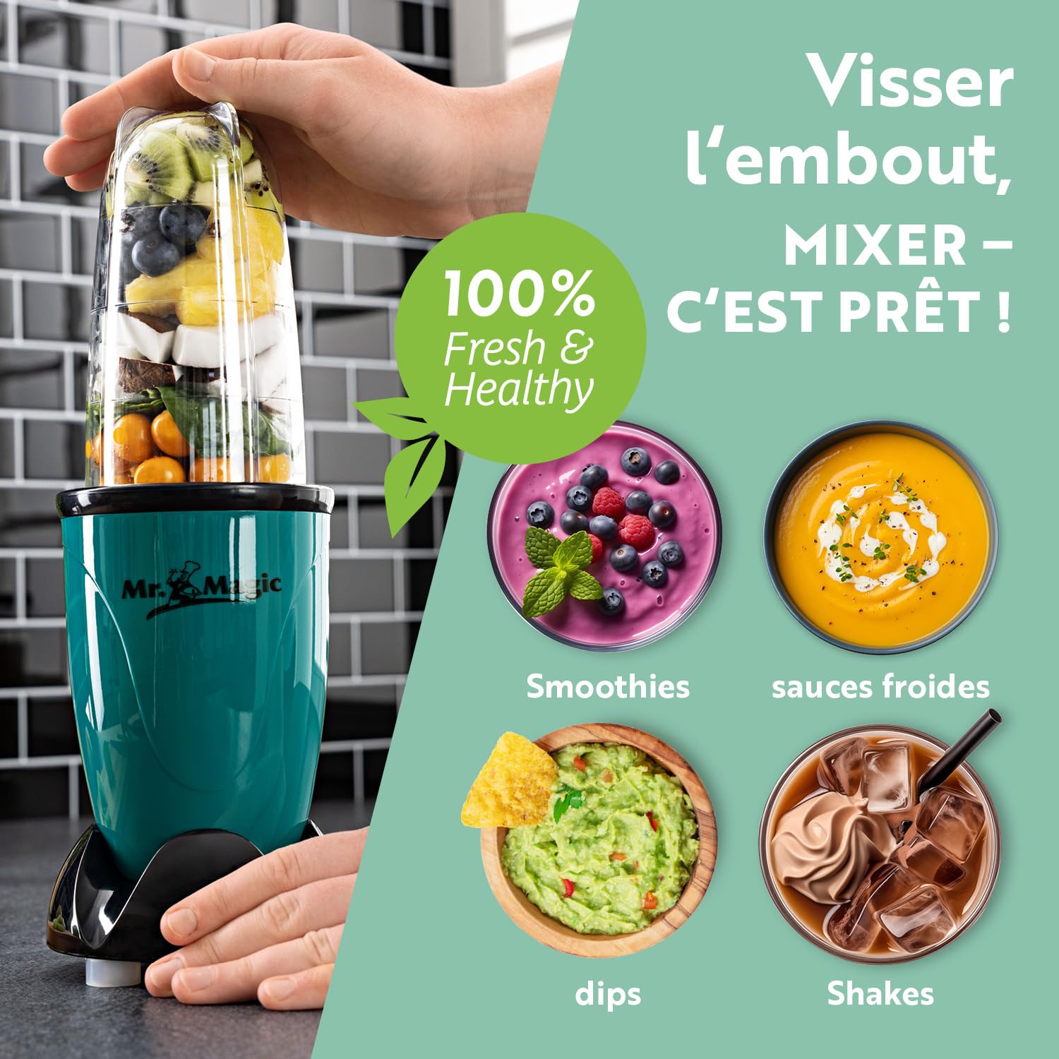 GOURMETmaxx Mr. Magic Mixer | Smoothie Maker avec paquet d'accessoires XXL | 18 pièces | Blender avec couvercles anti-fuite pour conserver la fraîcheur | Pour shakes, smoothies etc.