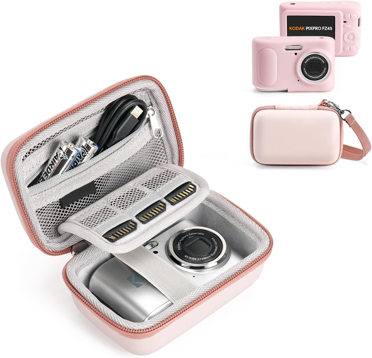 KODAK PIXPRO FZ45 Case Kit – Shockproof Hard Case + Silicone Cover, Battery/SD Storage, Anti-Scratch Dustproof Slim, Pink