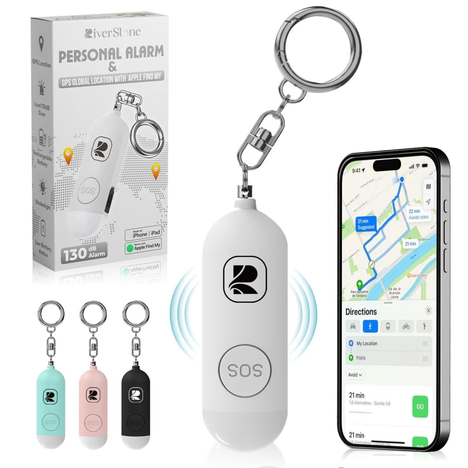 River Stone - Alarma de seguridad personal de 130 dB para Apple FindMy iOS (14.5+) Llavero localizador antiagresión, sirena de emergencia para mujer, niño y persona mayor, localización, autodefensa