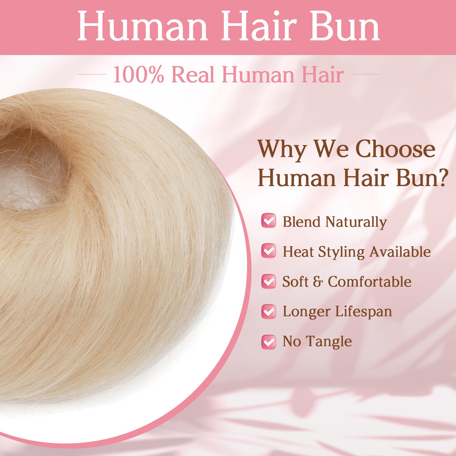 Benehair Messy Bun Scrunchie Real Hair Human #60 Platinum Blonde Straight Hair Bun Scrunchy Piece Ponytail Extension Elastic Band Scrunchies Donut 25g - Image 3