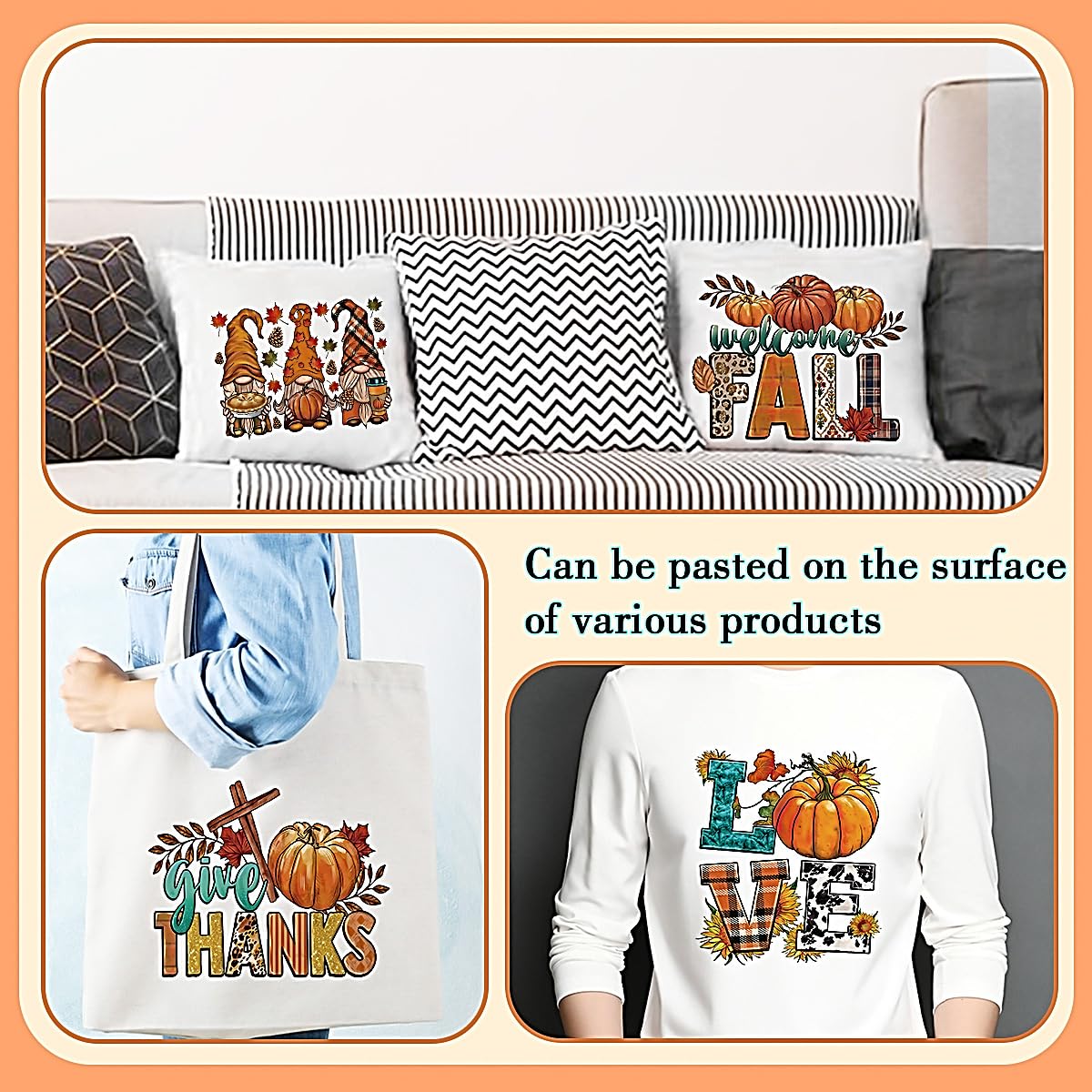Parches termoadhesivos para ropa de Acción de Gracias de otoño, transferencias de plancha de calabaza, hoja de arce, gnomo, HTV, calcomanías de transferencia de calor para camisetas, ropa, decoración