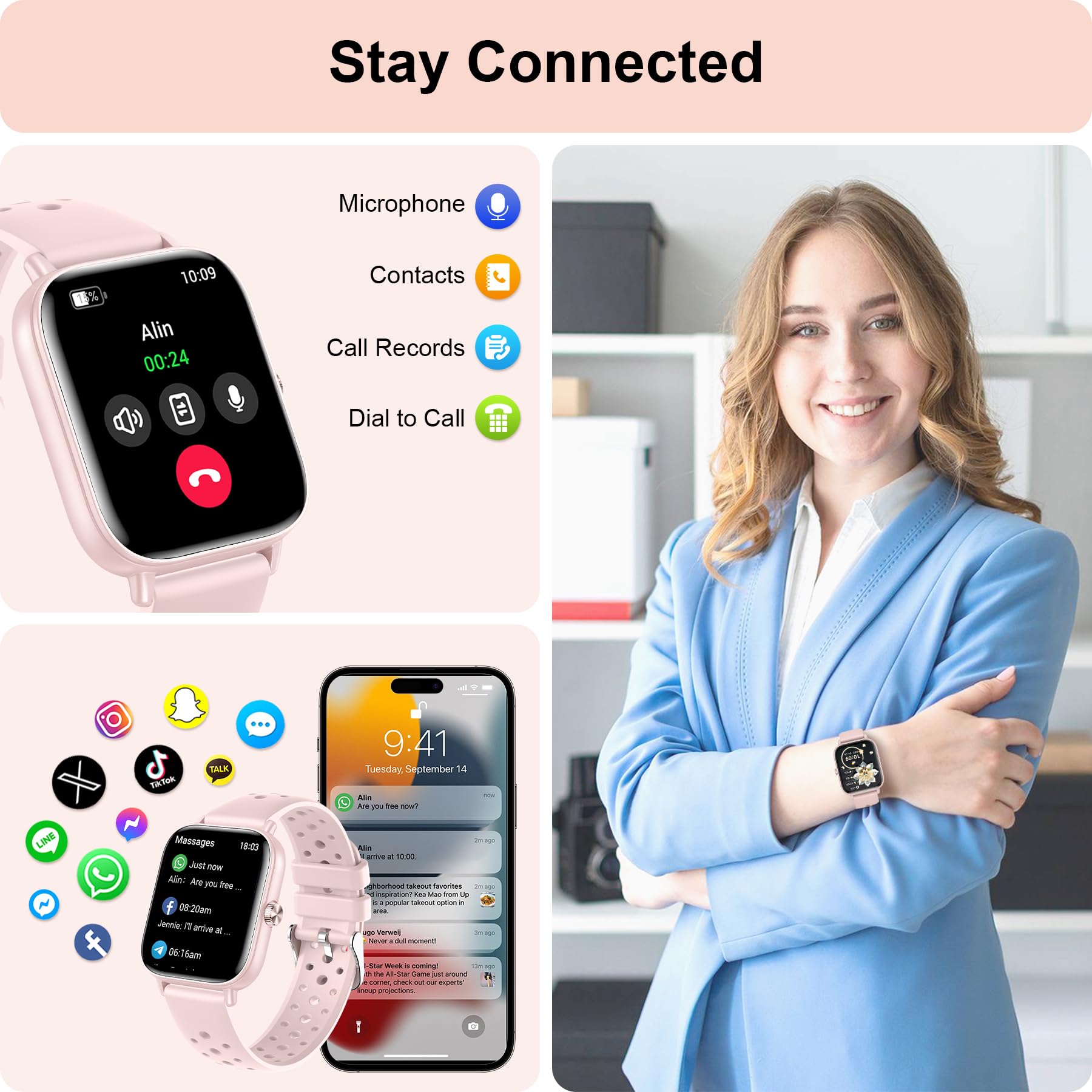 Betatree Smartwatch Donna Chiamate e WhatsApp, 1,83" Orologio Donna Smartwatch, 120+ Modalità Sportive Contapassi Smart Watch, Sonno/Cardiofrequenzimetro, IP67 Fitness Tracker per Android iOS, Rosa