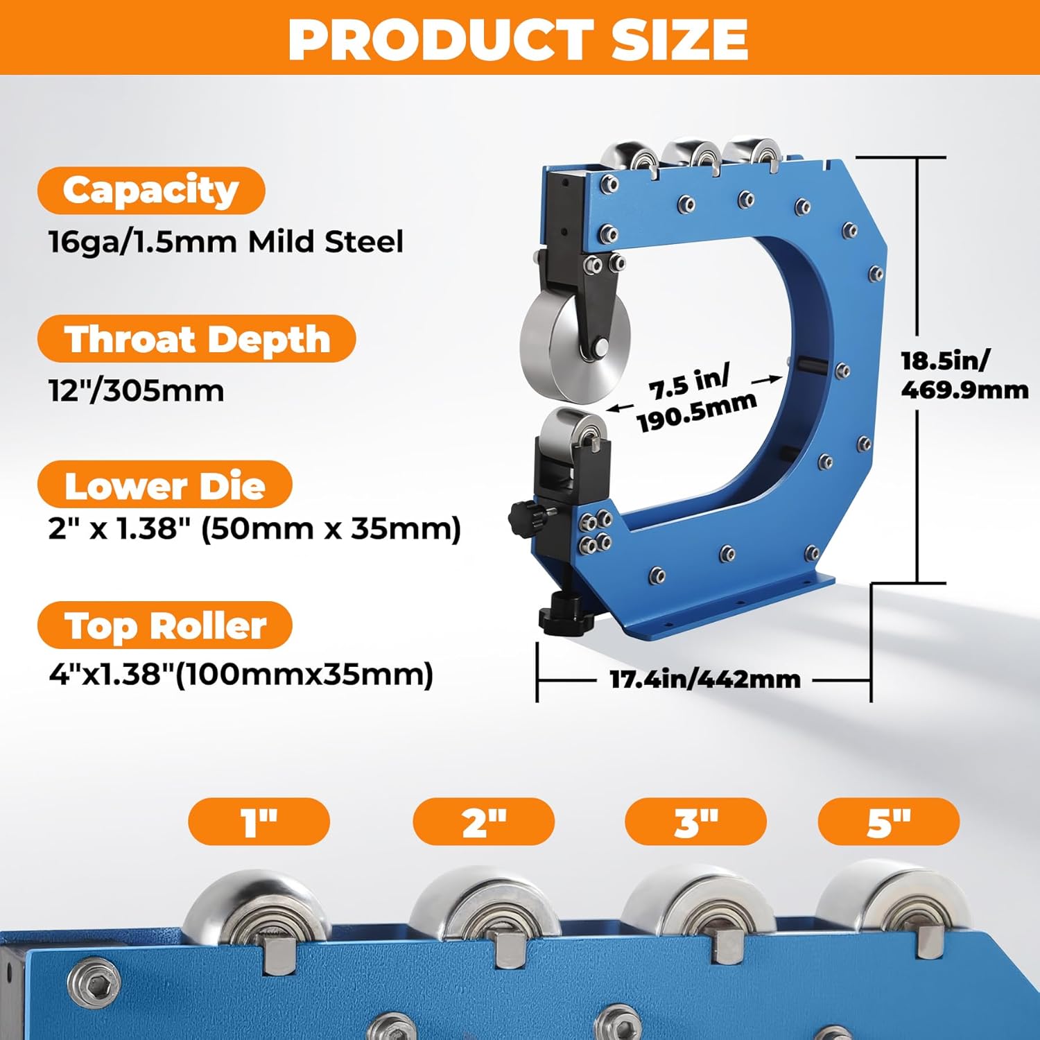 Benchtop English Wheel – 12" Throat Metal Shaping Tool for 16 Ga Carbon Steel, Includes 4 Lower Dies (1"–5")