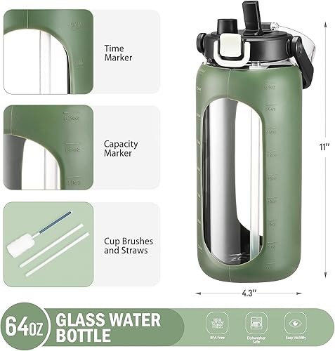 Miniatura 3 de BLUEGO Botellas de agua de vidrio de 64 onzas con marcador de tiempo y pajilla, botella de agua motivacional grande de medio galón, con funda de