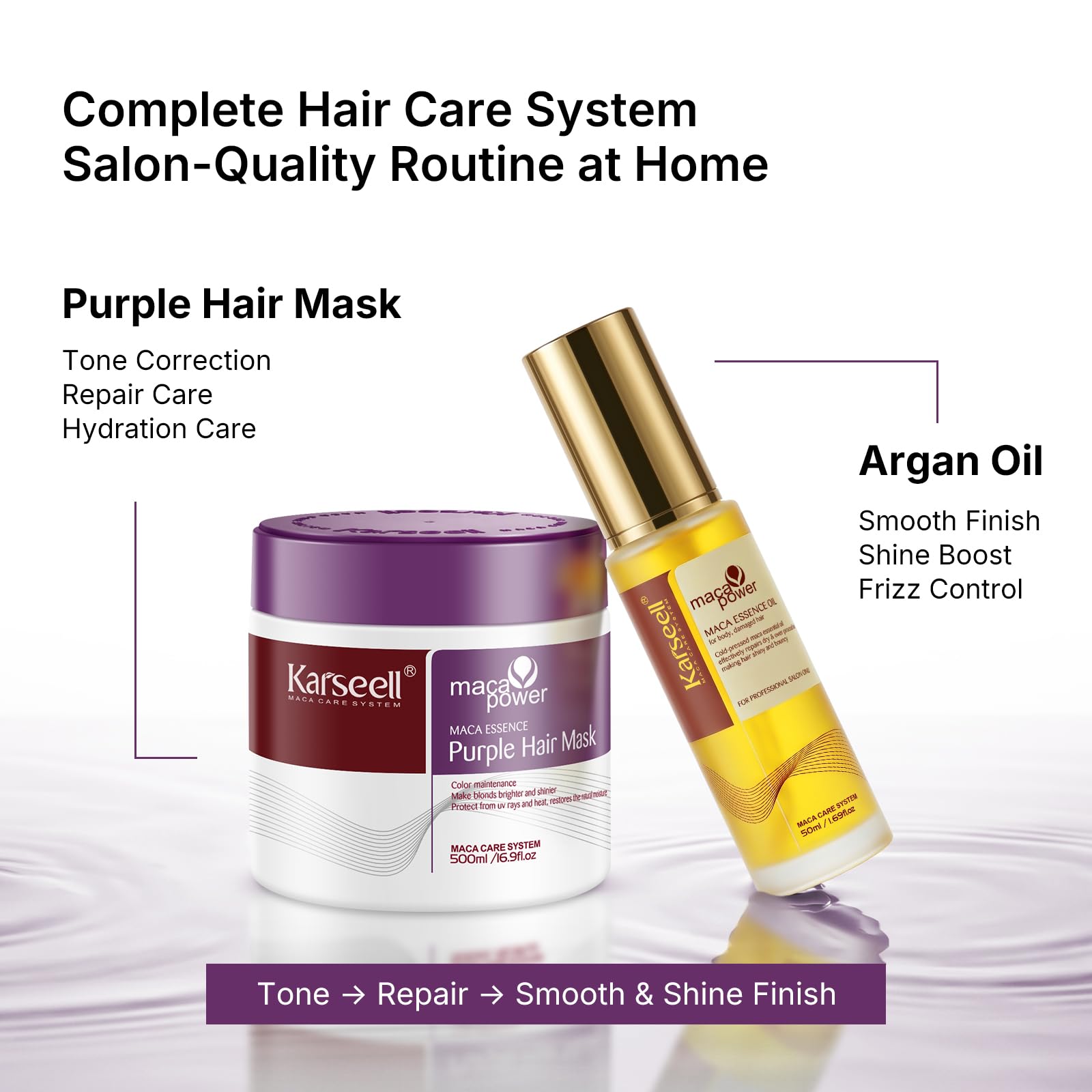 Karseell Zestaw do włosów z maską fioletową i olejkiem, neutralizuje żółknięcie, naprawia uszkodzenia włosów dla włosów blond i siwych 50ml + 500ml