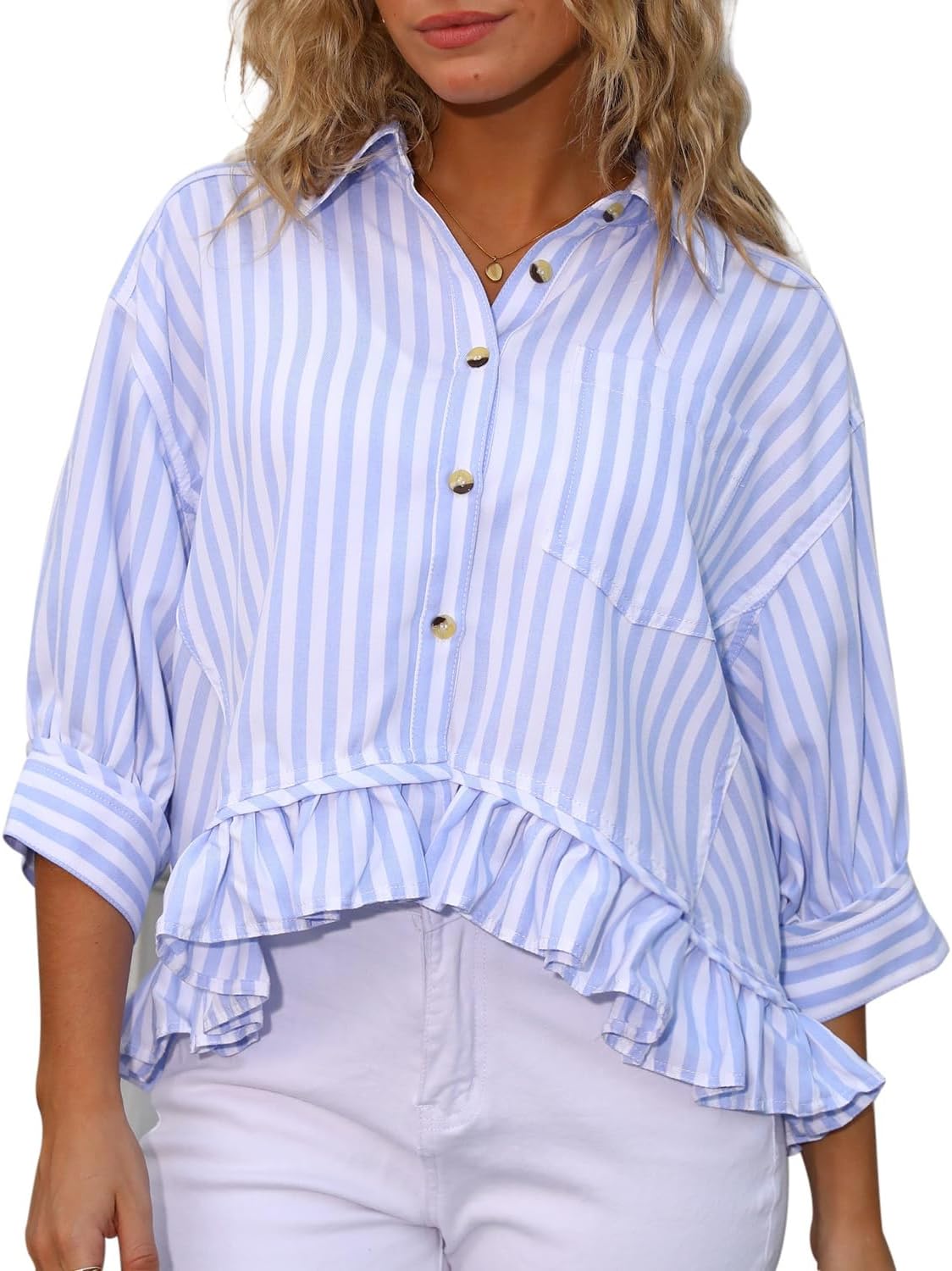 CHYRII Womens Summer Tops Dressy Casual Blouse Top Ruffled Short Sleeve Button Down Striped Shirt