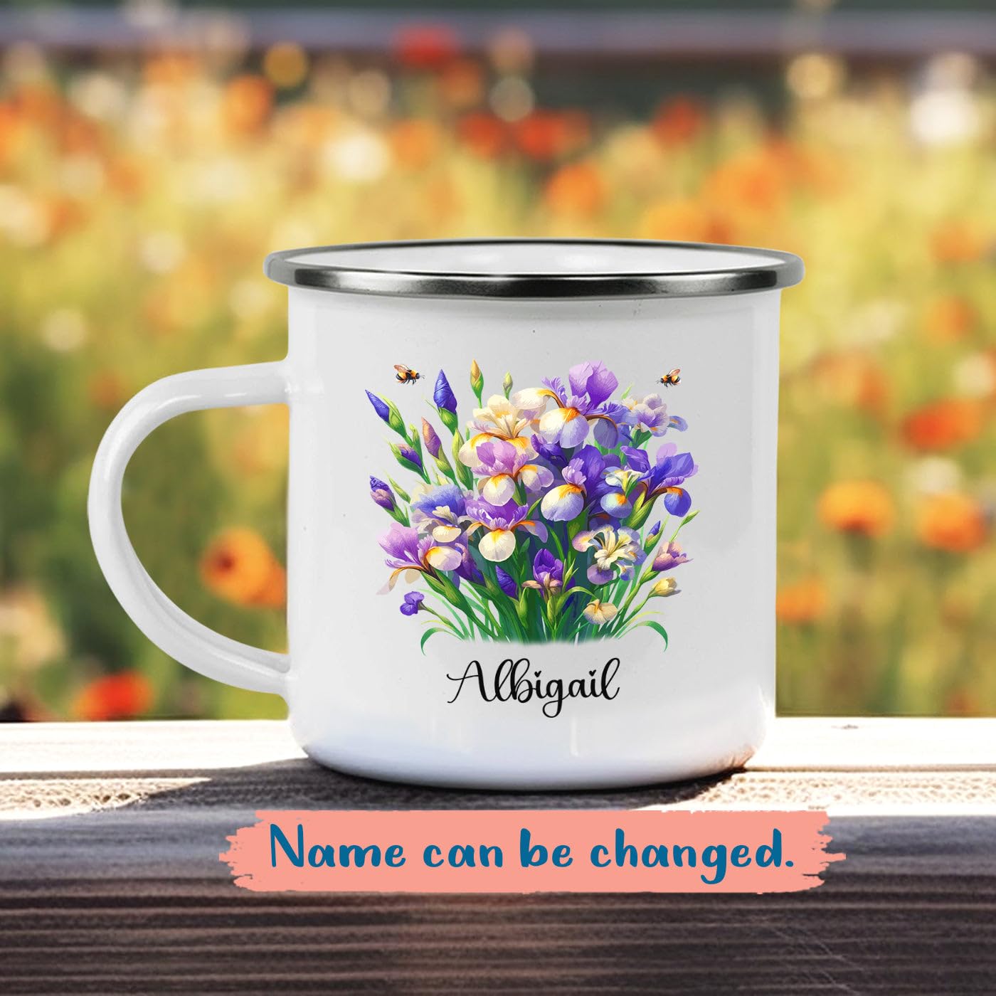 Personalized Iris Coffee Cup, Iris Flower Camper Cup Gifts for Birthday, Custom Name Flower Lover Enamel Camping Mug 12Oz, Floral Iris Stainless Steel Mug, Spring Flowers Iris Travel Cup For Her Wife