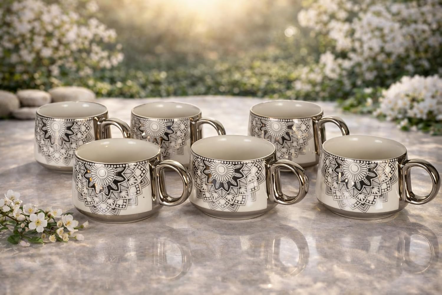 Porcelain Tea Set with 1 Kettle, 6 Piece Tea Cup Set, Aesthetic Classic Teaware Set for Home, Kitchen Decor & Gifting