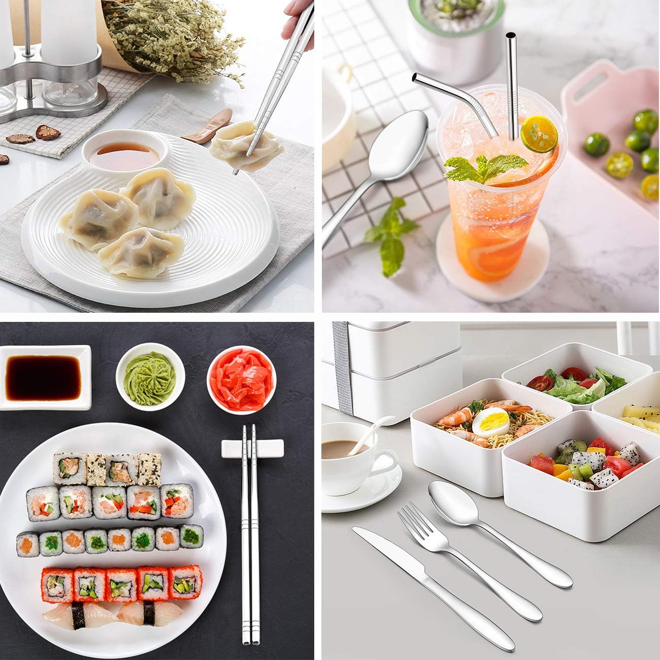 Lowest Price LIANYU 9-Piece Travel Utensils Silverware Set, Stainless Steel Knife Fork Spoon, Chopsticks, Metal Straws, Cleaning Brush, Green Case and Bag Piece Travel Utensils, Green Case