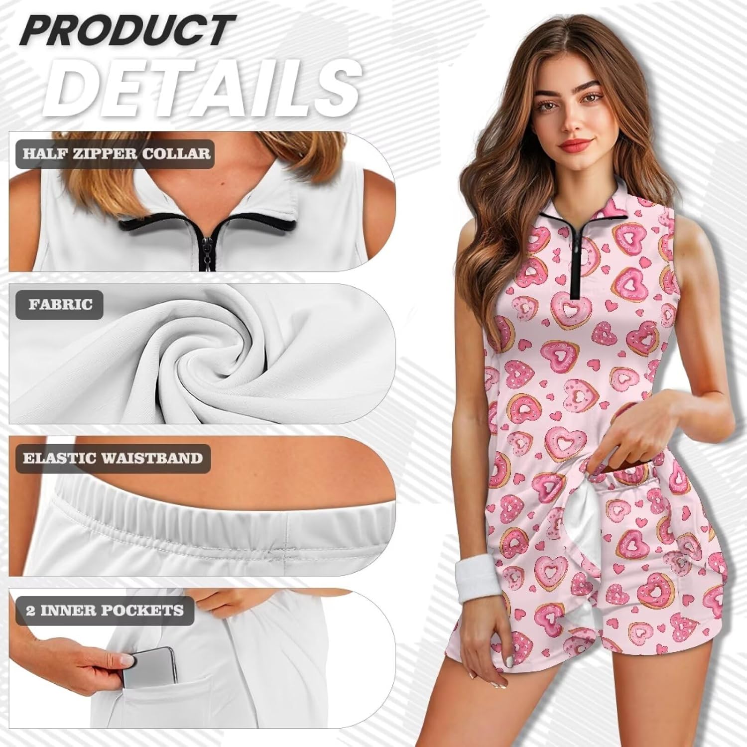 Valentine's Day Sleevesless Workout Dress with Built in Shorts Women Breathable Athletic Casual Golf Tops Stretchy