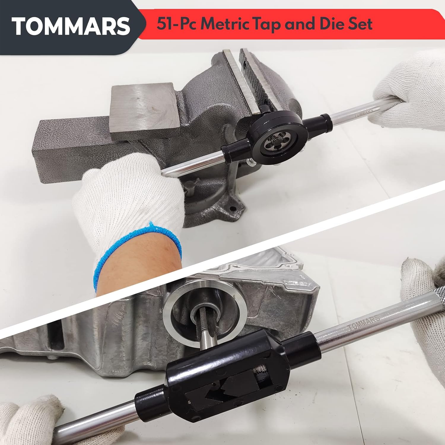 TOMMARS 51-Pc M6 to M24 Jumbo Tap and Die Set Metric Round Threading Dies & 75-Pc Tap and Die Set, SAE & Metric Hex Thread Taps Dies Wrench Metric Sizes M3 to M12 & Standard Sizes #4 to 1/2" Type NC N