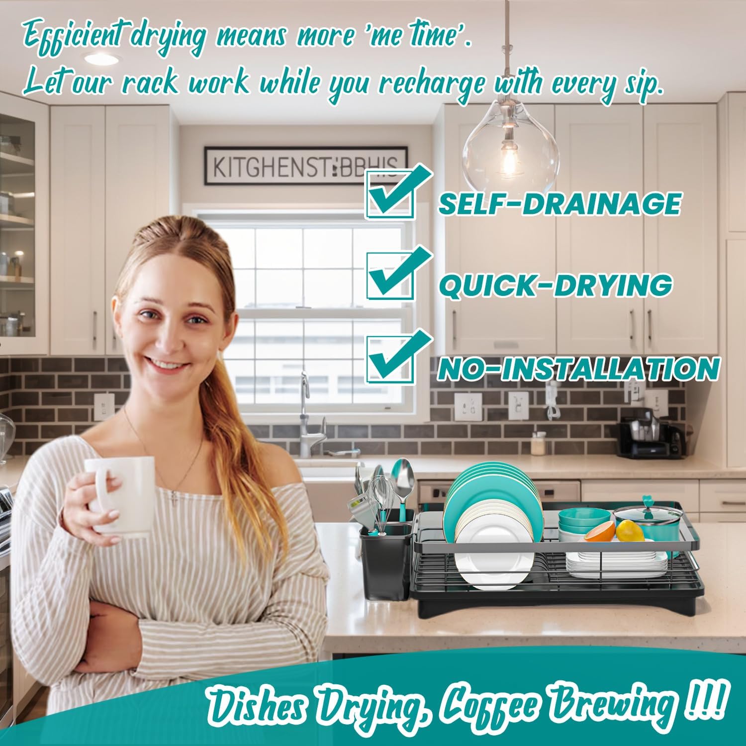 Small Dish Drying Rack for Kitchen Counter with Drainboard & Utensil Holder, Metal Dish Drainers for Kitchen with Adjustable Drain Spout, Ideal Dishes Strainers for Singles or Couples (Black)