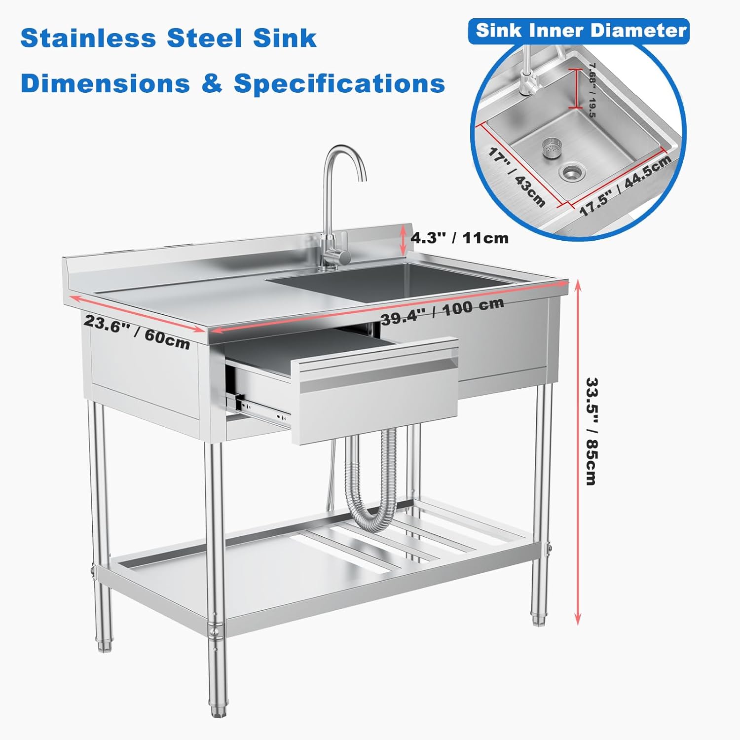 Stainless Steel Utility Sink with Drawers & Plumbing Single Bowl Commercial Sink for Kitchen, Laundry & Farmhouse | Heavy-Duty Indoor Outdoor Workstation (39" Sink with Left Drawl)