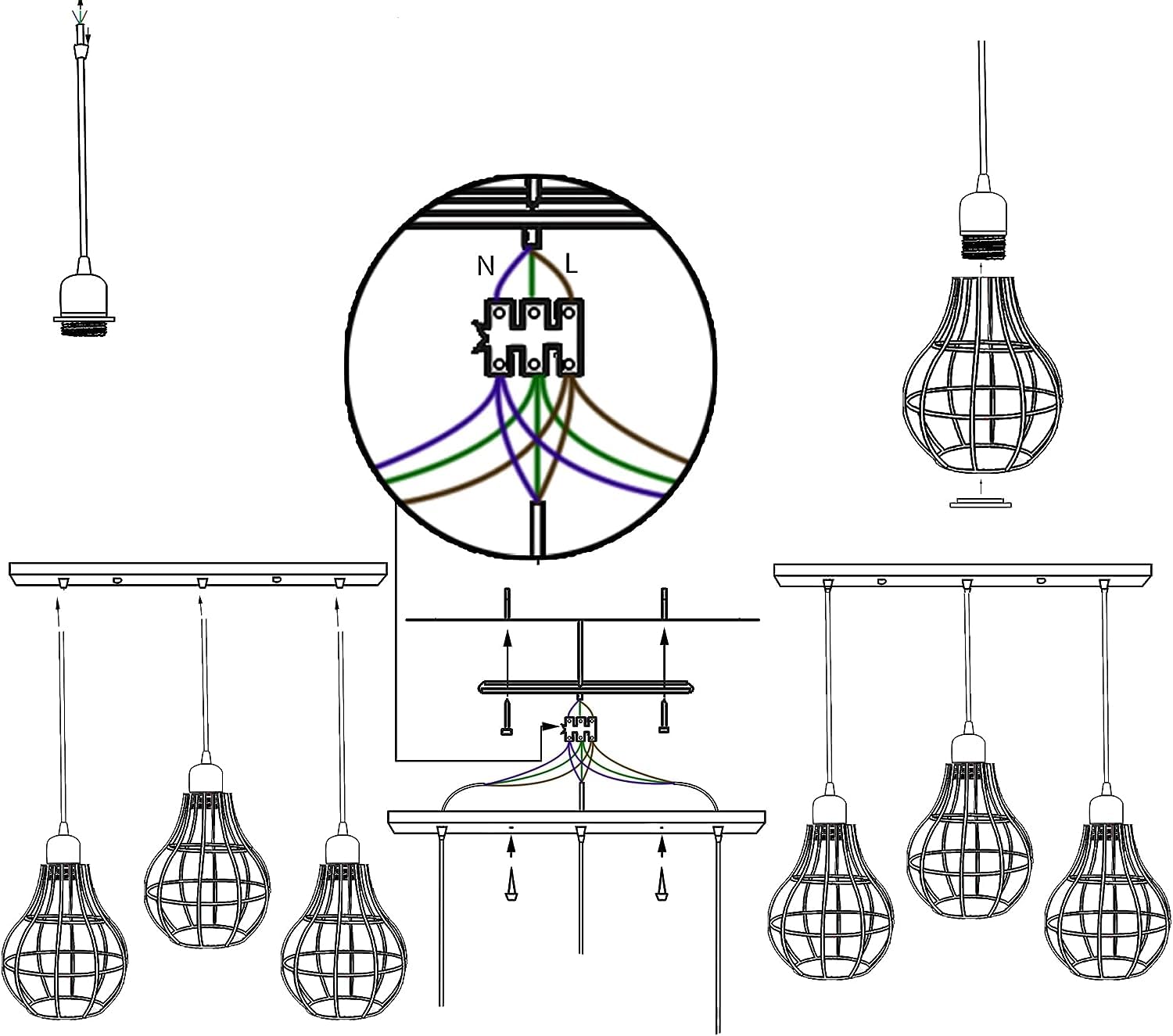 LEDSone Vintage Retro 3 Way Ceiling Pendant Light Cluster Light Fitting Black Diamond Shaped Wire Cage Lampshades - Image 4