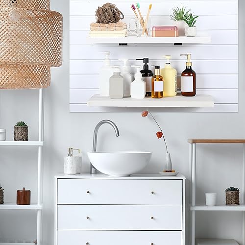 Miniatura 7 de Landical Paquete de 4 estantes de madera de pared de listones, estantes blancos con ganchos de metal, juego de accesorios montados para garaje,