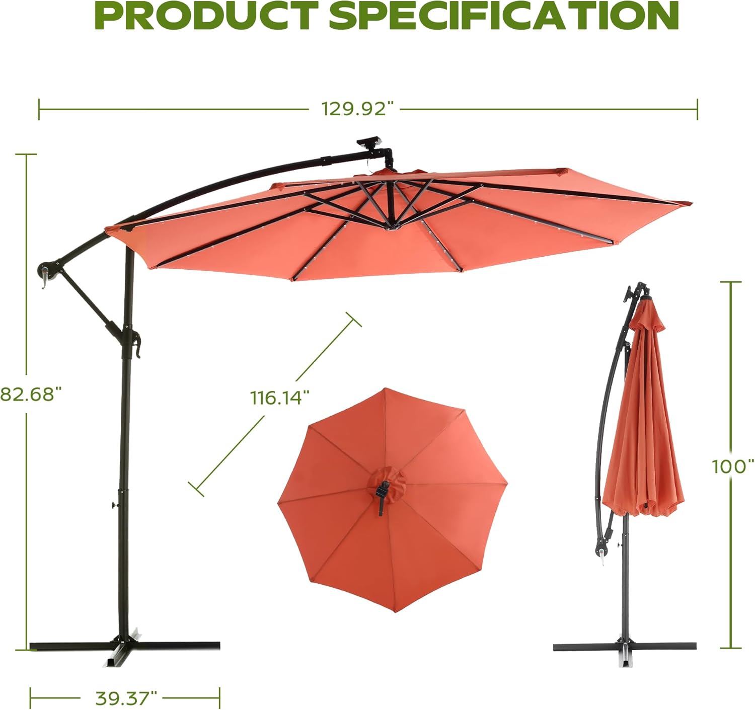 10FT Umbrella Outdoor Patio - Tilt Adjustable Offset Hanging Black Deck Umbrellas with 40 Solar Led Lights and 8 Ribs for Beach, Pool