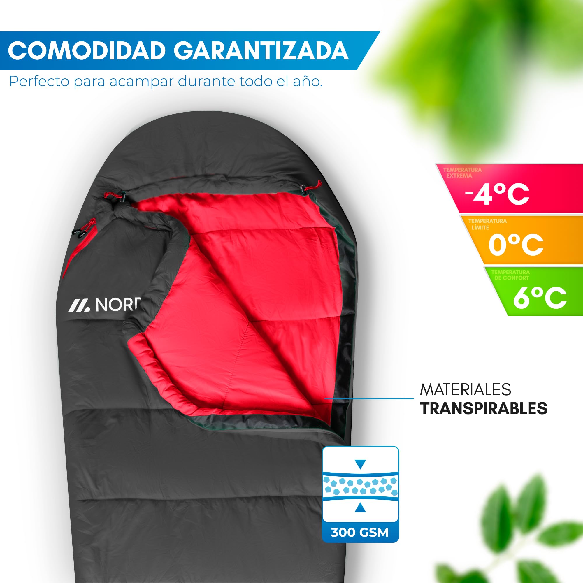 NORDMUT® Saco de Dormir Adulto Comfortable - Sleeping Bag Compacto y Ultraligero (900/1500 g) - 3 Estaciones (250 gsm) de Verano (100 gsm) campismo
